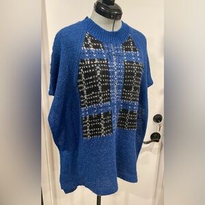 Thakoon Mohair Dolman style sweater, short sleeves, plaid accent, blue/blk, XS